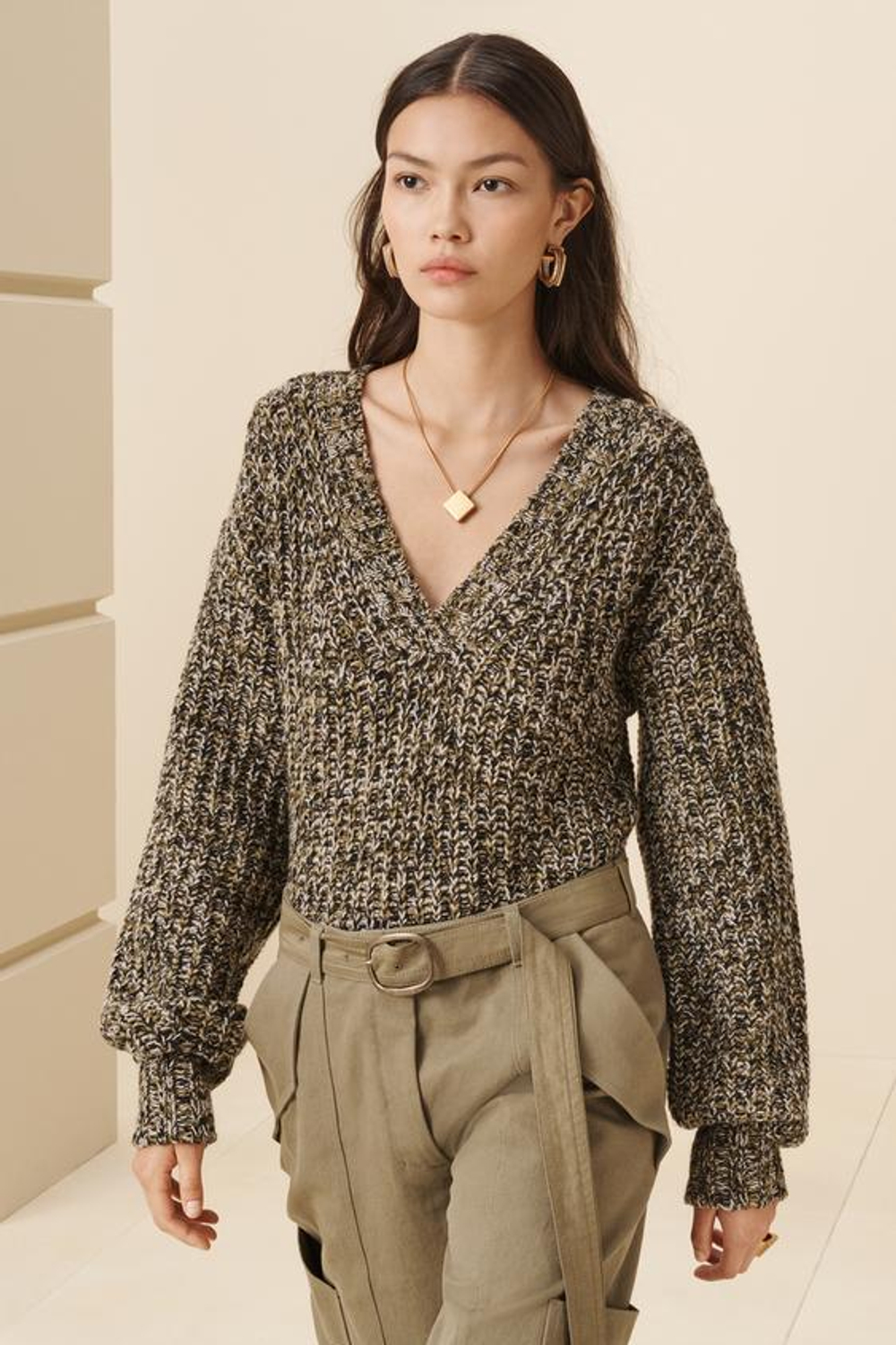 ZARA СВИТЕР С V-ОБРАЗНЫМ ВЫРЕЗОМ, ЗЕЛЕНЫЙ