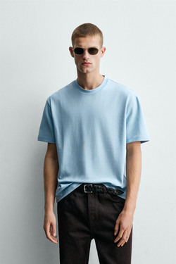 ZARA ФУТБОЛКА RELAXED FIT INTERLOCK, ГОЛУБОЙ