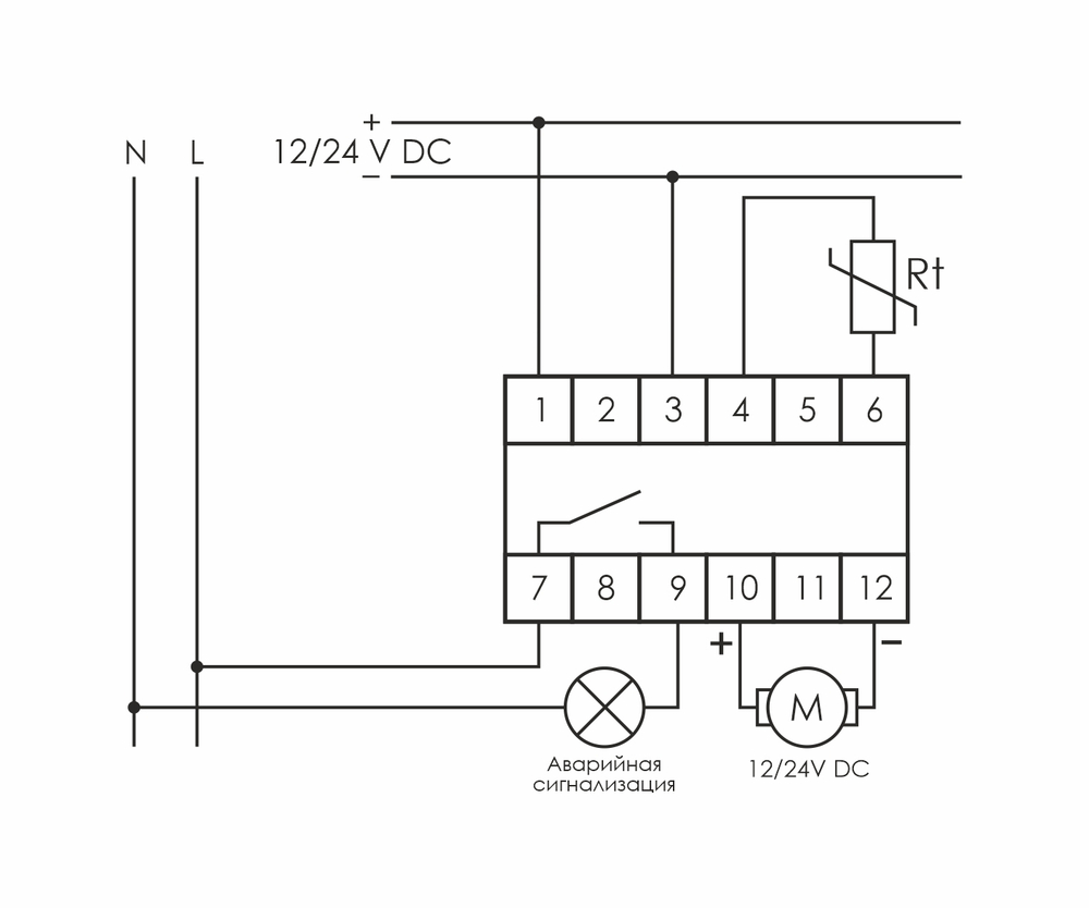 Реле контроля температуры RT-833 12-24В DC 8А 1 NO/NC IP20 (для управления скоростью вращения вентилятора; от +25 до +60град.C выносн. датчик)