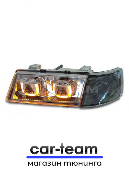 Фары ВАЗ 2110, 2111, 2112 передние с белыми галочками в стиле BMW ver 2.0 c Bi LED модулями, хром маска, тонированные поворотники