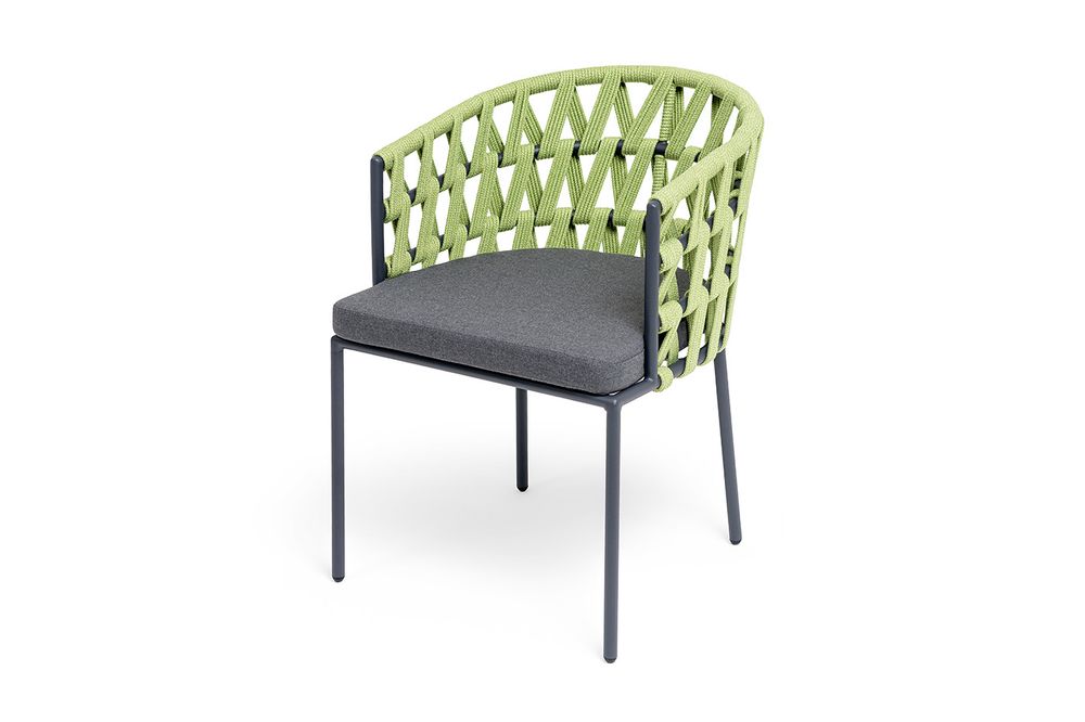 "Диего" стул плетеный из роупа, каркас из стали темно-серый (RAL7024) муар, роуп салатовый меланж круглый, ткань темно-серая 027