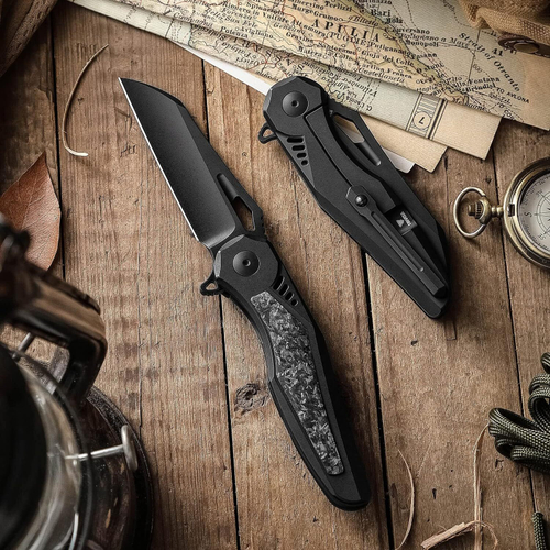 Складной туристический нож TRIVISA Oph-06B клинок M390 рукоять карбон и титан (черный-черный)
