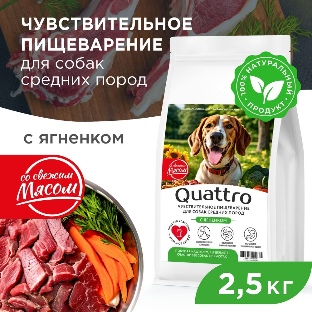Корм сухой для взрослых собак средних пород, премиум полнорационный комплекс, чувствительное пищеварение, с ягненком, 2,5 кг, QUATTRO