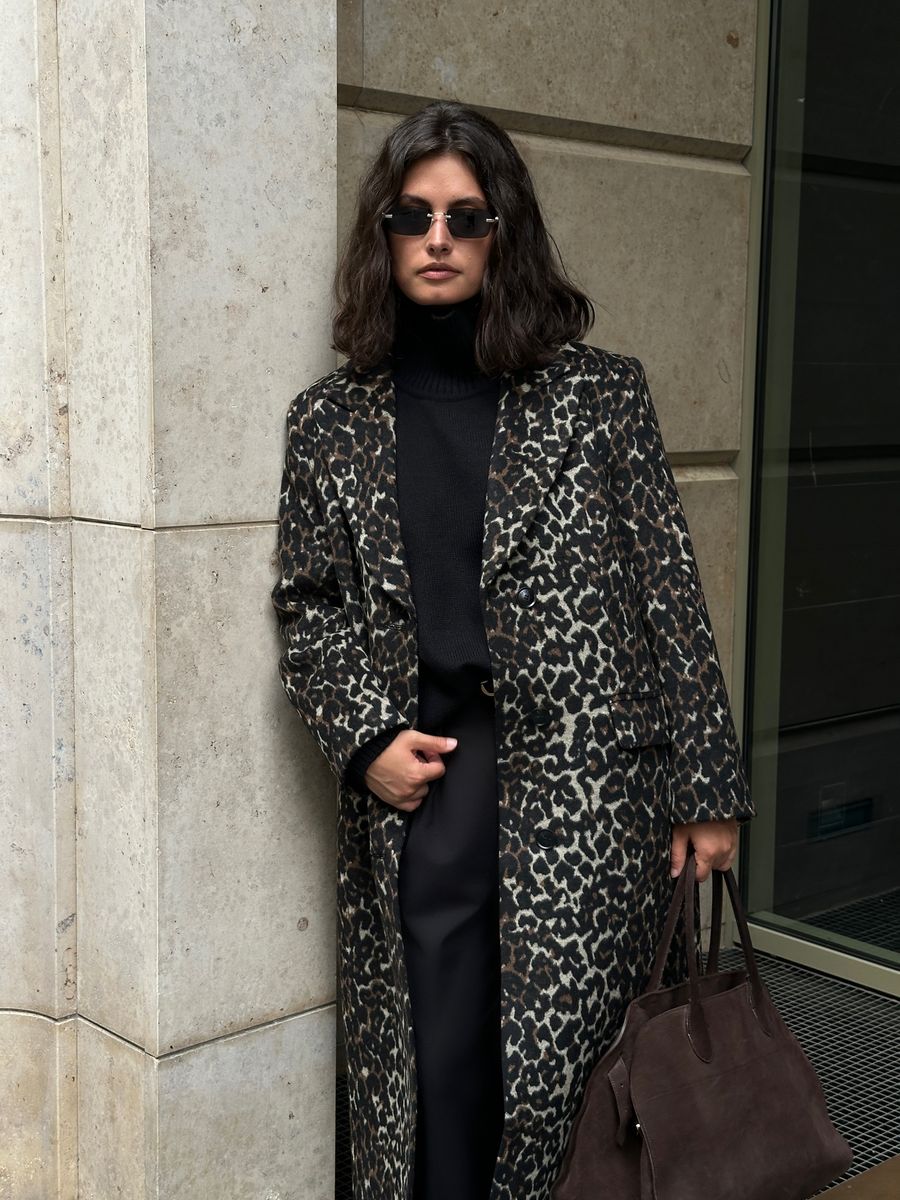 Пальто из смесовой шерсти однобортное леопард коричневый