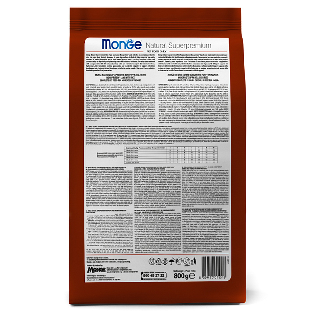 Сухой корм Monge Dog Speciality Line Monoprotein Mini для щенков мелких пород, из ягненка с рисом 800 г