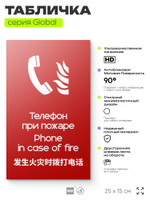 Табличка Телефон для использования при пожаре, на дверь и стену, информационная и мультиязычная (русский, английский, китайский), серия GLOBAL, 25х15 см, Айдентика Технолоджи