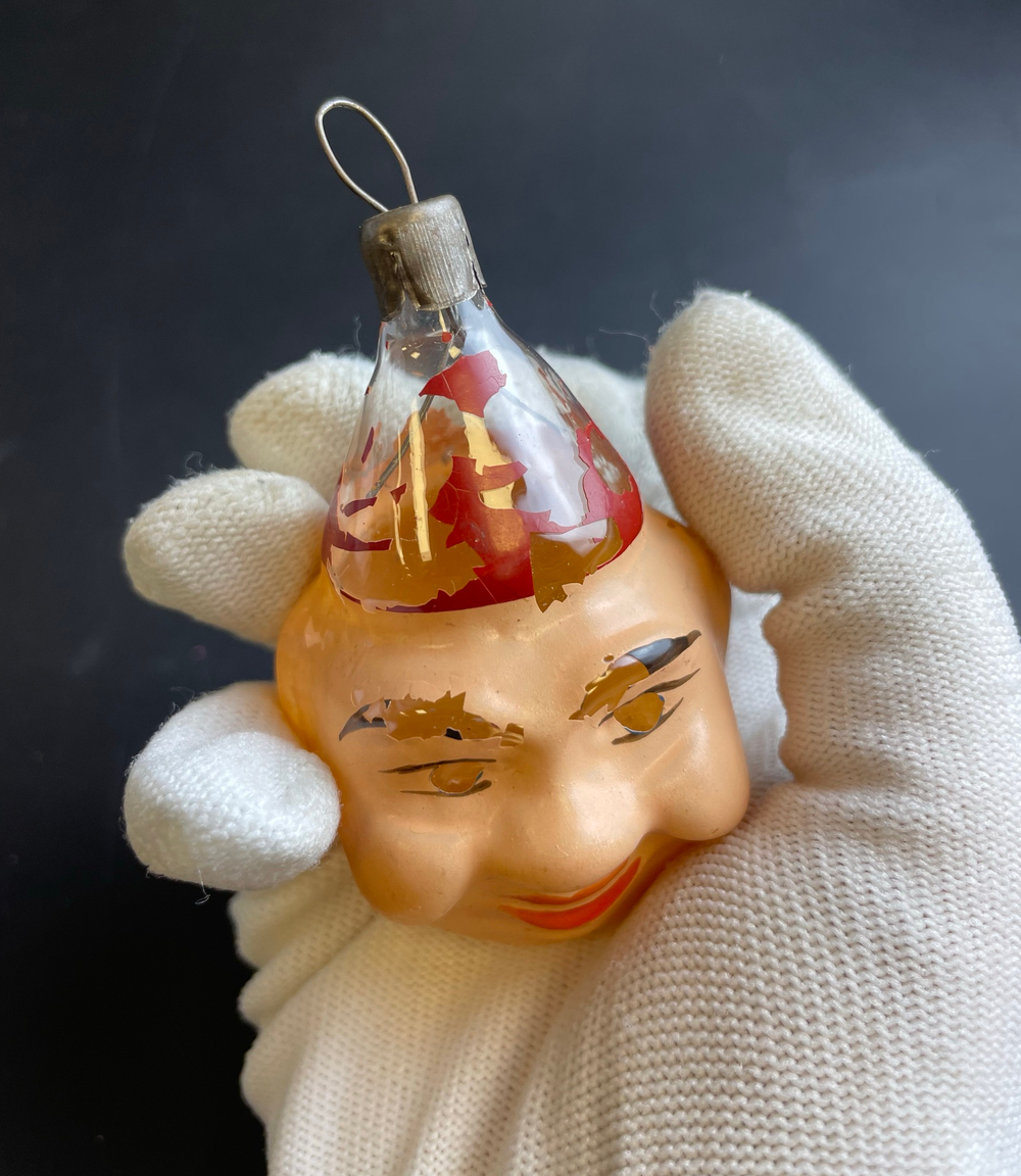 Ёлочная игрушка голова клоуна, цирк, стекло, подвесная, СССР винтаж 1960-1980 гг