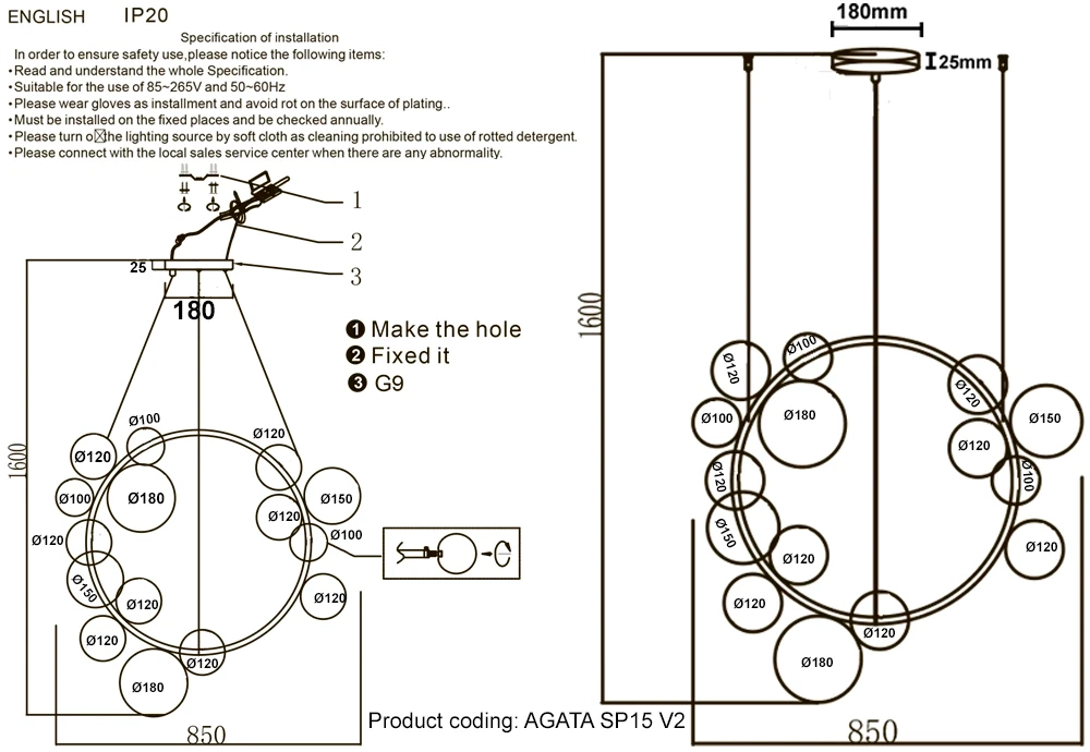 Подвесная люстра Crystal Lux AGATA SP15 V2 BLACK/TRANSPARENTE