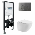 Унитаз подвесной Abber Bequem AC1100T-AC0105-AC0121NG белый, безободковый, с инсталляцией, с крышкой микролифт, слив-торнадо, с кнопкой никель