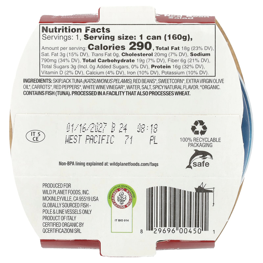 Wild Planet, Салат из дикого тунца и красной фасоли, 160 г (5,6 унции)