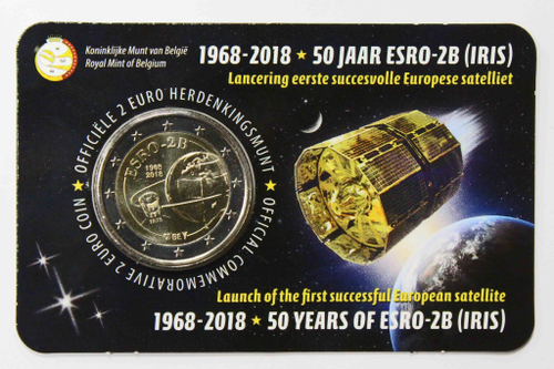 2 евро 2018 Бельгия - 50 лет запуску первого европейского спутника ESRO-2B (в буклете)
