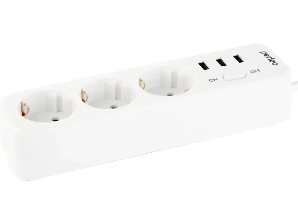 Сетевой фильтр Perfeo "POWER STREAM", 2500W, двойная защита, 2м, 3 розетки, 3 USB, белый.