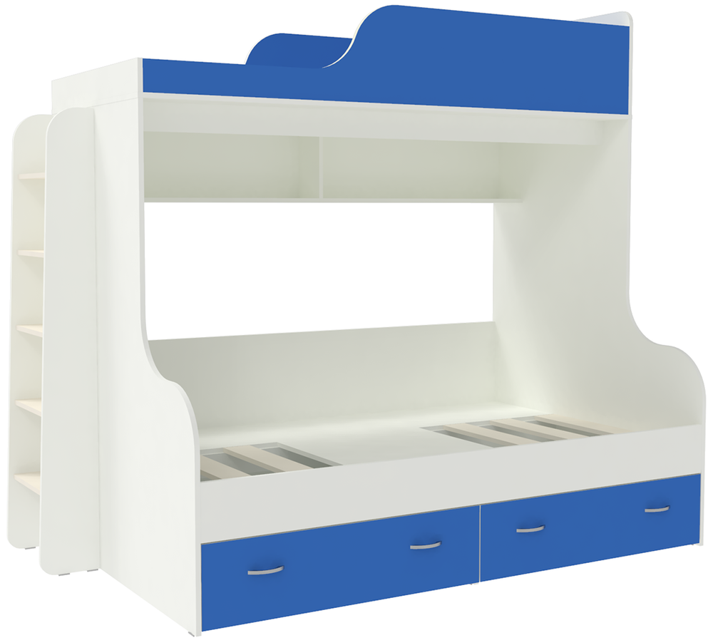 Двухъярусная кровать КарИВи Дуэт-15 с деревянной лестницей Белый  Светло-синий, голубой