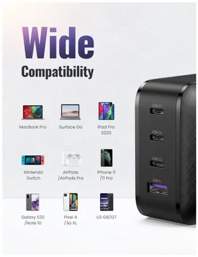 Сетевое зарядное устройство Ugreen CD224 USB-A + 3xUSB-C 65 Вт GaN Tech Fast Charger EU, черный (70774)
