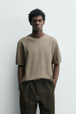 ZARA ФУТБОЛКА RELAXED FIT ИЗ ТРИКОТАЖА, РЫЖЕВАТО-КОРИЧНЕВЫЙ