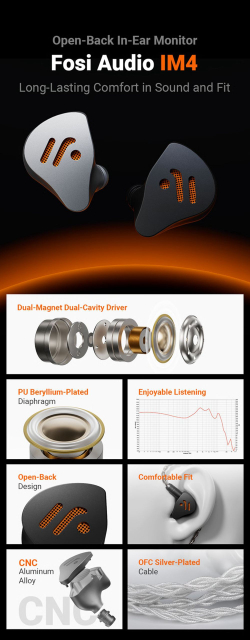 Наушники проводные Fosi Audio IM4 Obsidian, без микрофона, внутриканальные, 3.5 мм, черные