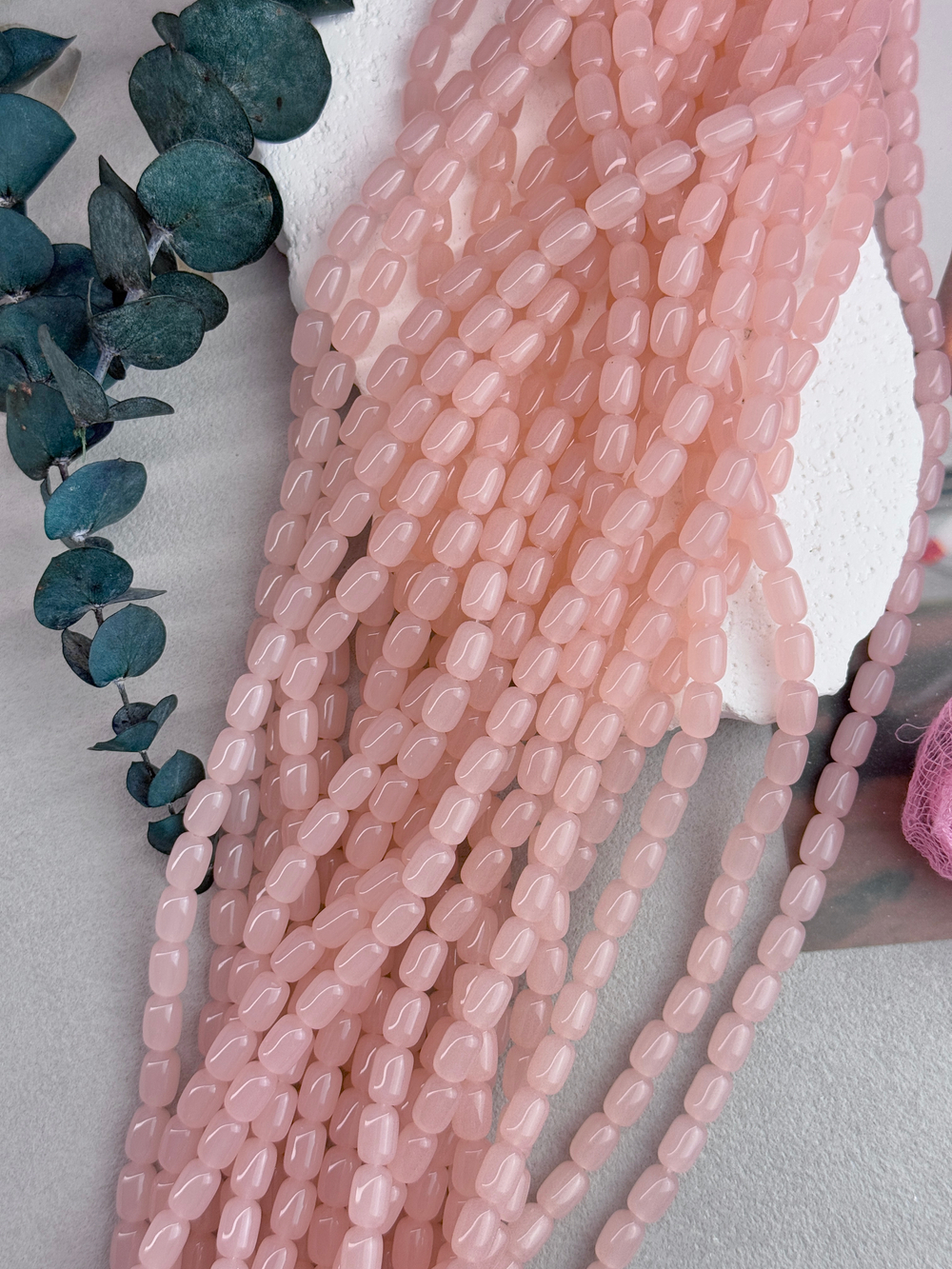 Стеклянные бусины, бочонок 6*9 мм, нить 38 см, "Розовый кварц"