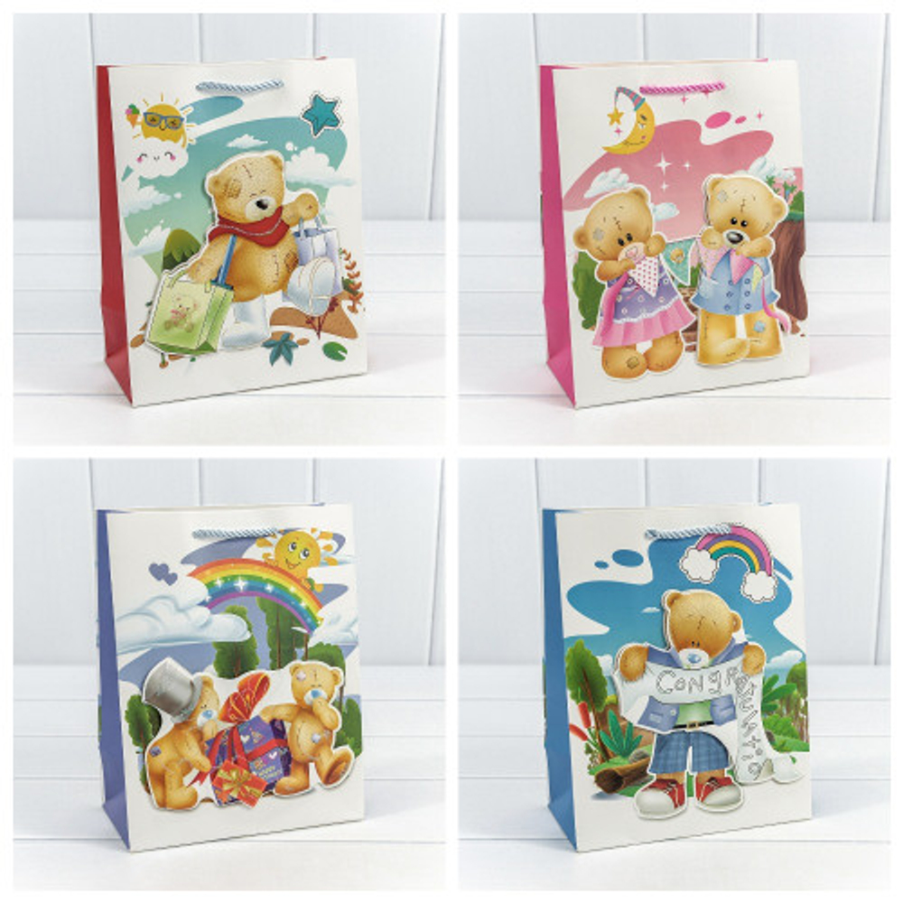 Пакет подарочный 18х23х10см "Мишки" с 3D аппликацией (Микс)
