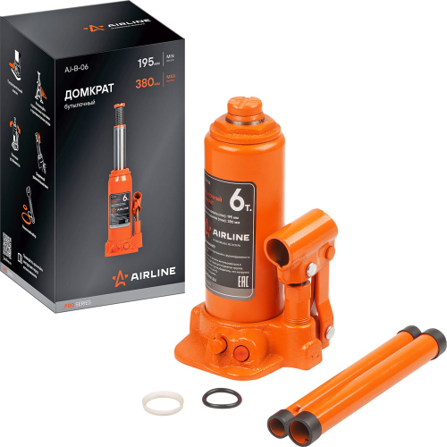 Домкрат автомобильный бутылочный PRO 6 т гидравлический (Высота подхвата 195 мм, Высота подъема 380 мм) AJ-B-06