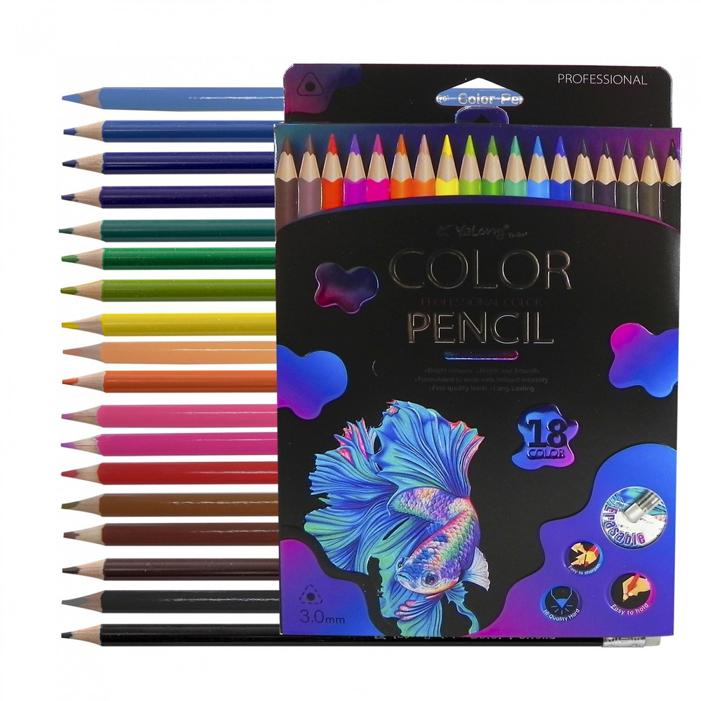 Карандаши цветные с ластиком Yalong 18 цв., "Неоновые животные" деревянные, трехгранные, заточенные, грифель 3.0 мм, картон. уп., европодвес