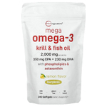 Micro Ingredients, Mega Omega-3, криль и рыбий жир с фосфолипидами и астаксантином, лимон, 240 капсул