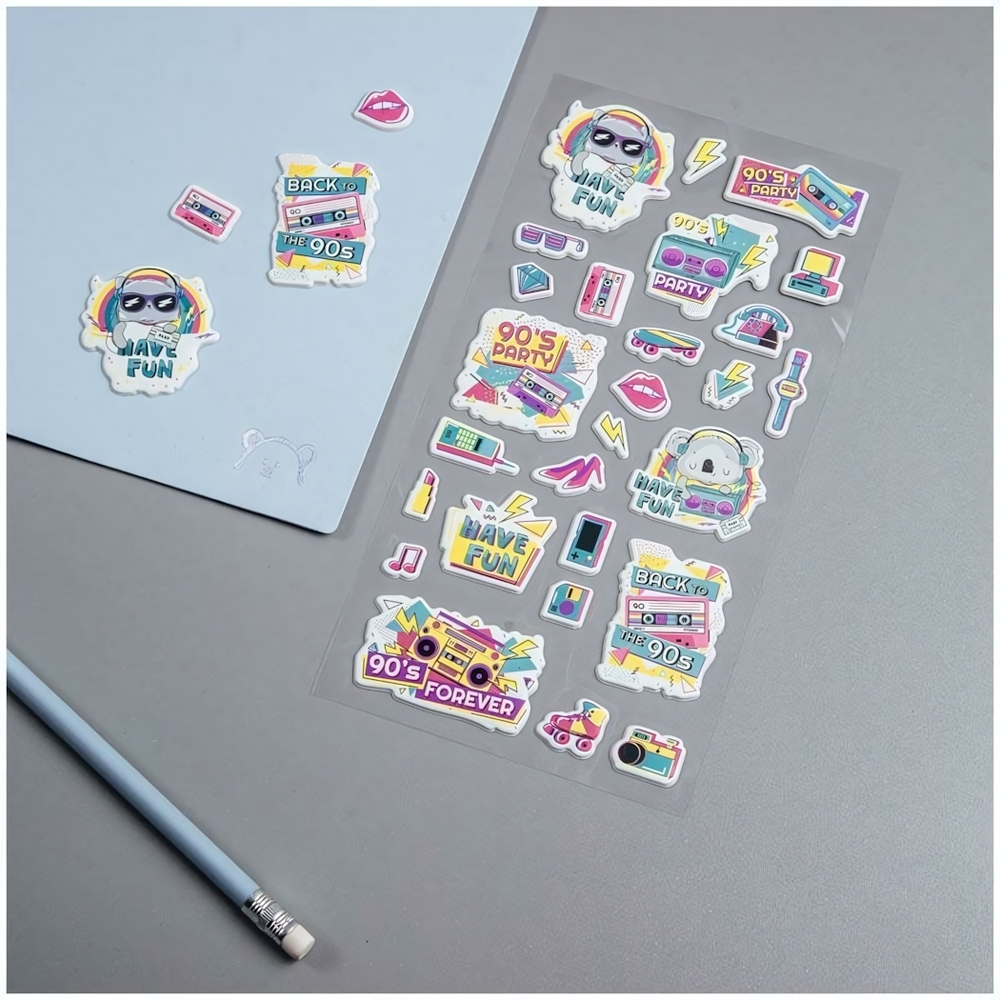 Наклейки объемные "90 s party", 10*24см, 27 наклеек, инд. уп., европодвес (MESHU)