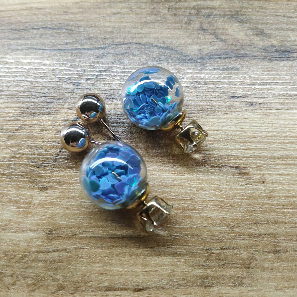 Серьги Style Dior 2в1 кристалл капсула с сердечками цвет голубой металл золотистый
