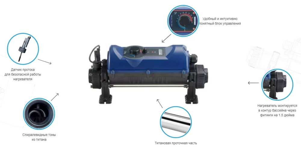 Электронагреватель для бассейна - 3кВт, 220В, подкл. ВР1½" / 50мм, 0-45 С°, IP44 - Flowline 2 Titan - Elecro, Великобритания