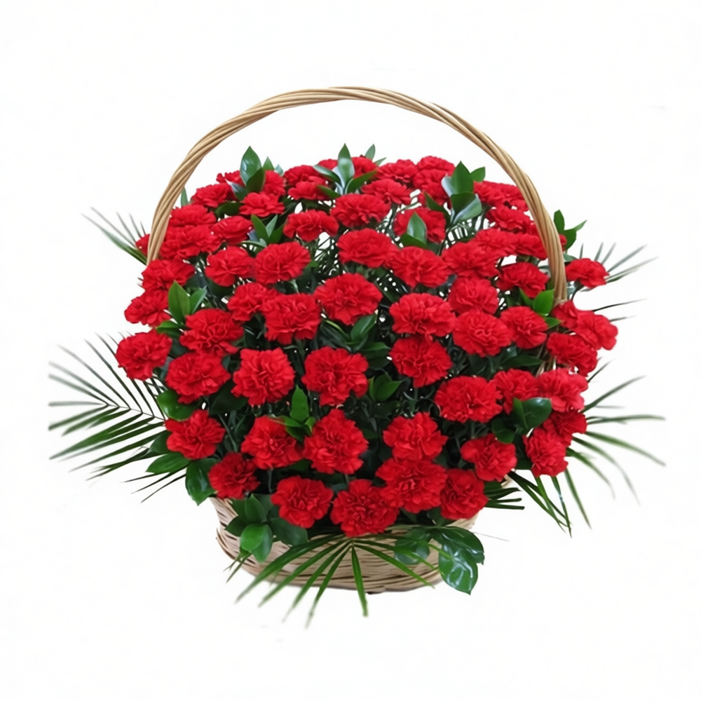 Букет из красных гвоздик в плетеной корзине с зеленью Букет из красных гвоздик в плетеной корзине с зеленью