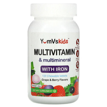 Детское здоровье YumV's, Мультивитамины и мультиминералы с железом, виноградом и ягодами, 120 жевательных таблеток