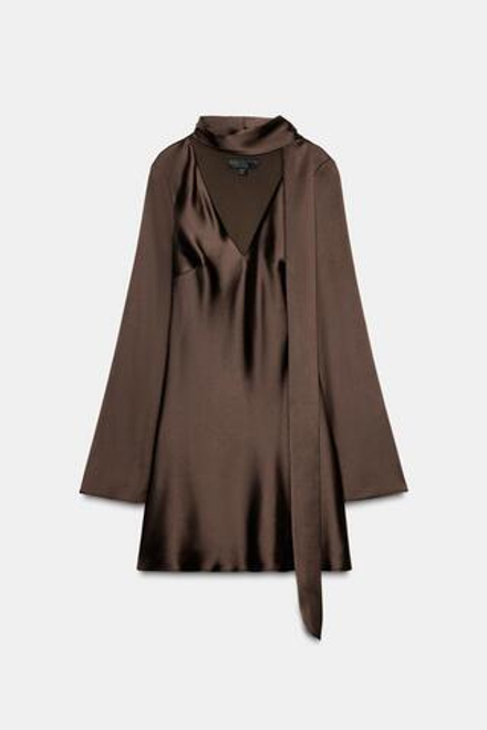 ZARA АТЛАСНОЕ ПЛАТЬЕ С ШАРФОМ, ШОКОЛАДНЫЙ