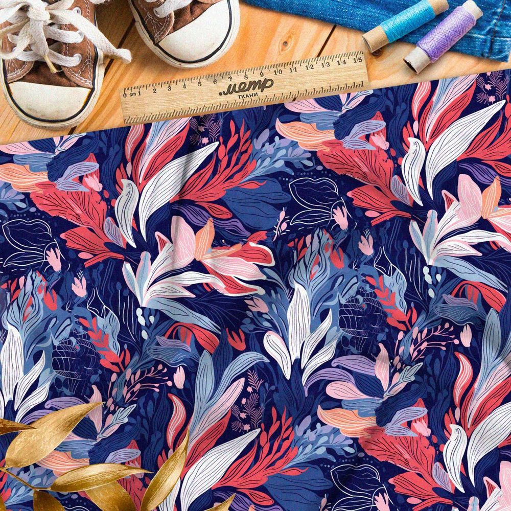 Ткань премиум интерлок фантазийная листва