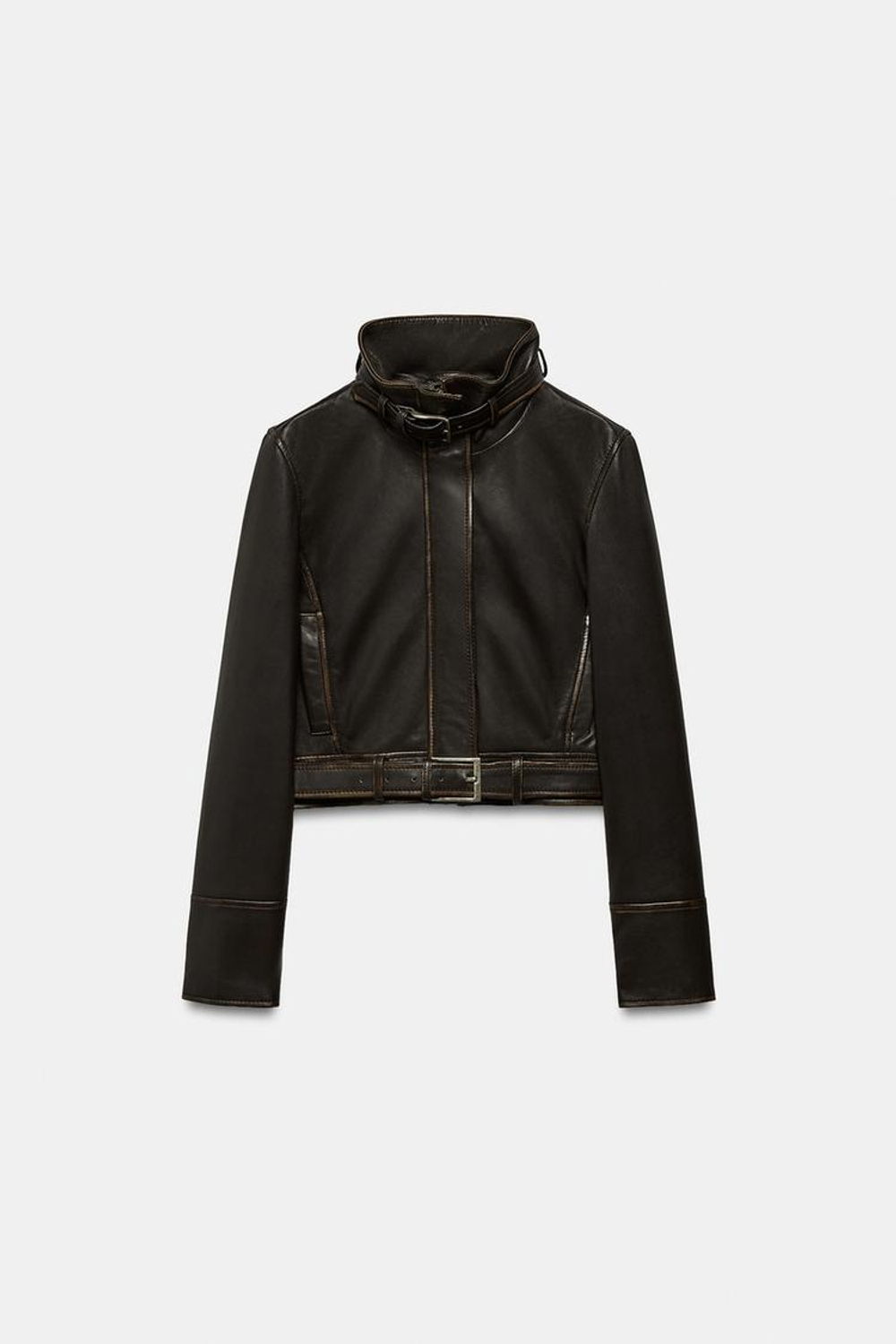 ZARA КУРТКА ИЗ 100% КОЖИ, ТЕМНО-КОРИЧНЕВЫЙ