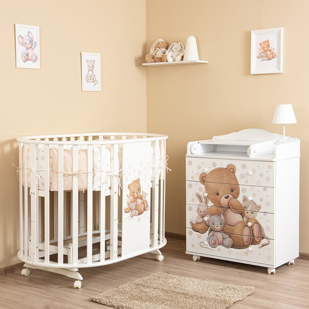 Кроватка-трансформер овальная Vikalex Мишкина Компания с маятником белый