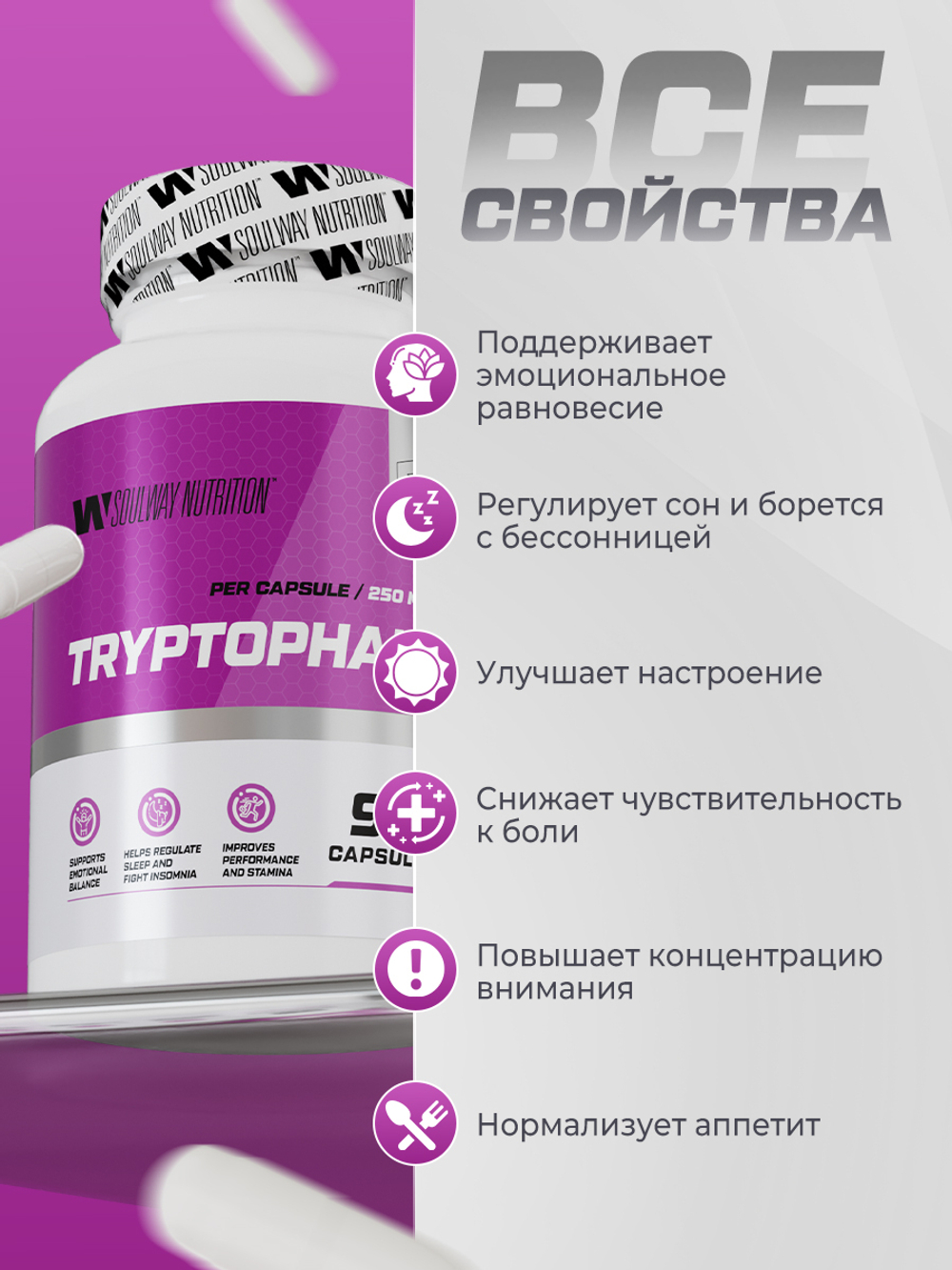 Триптофан 250 мг, аминокислоты и бады для спокойствия, настроения и сна, витамины для женщин и мужчин, 90 капсул