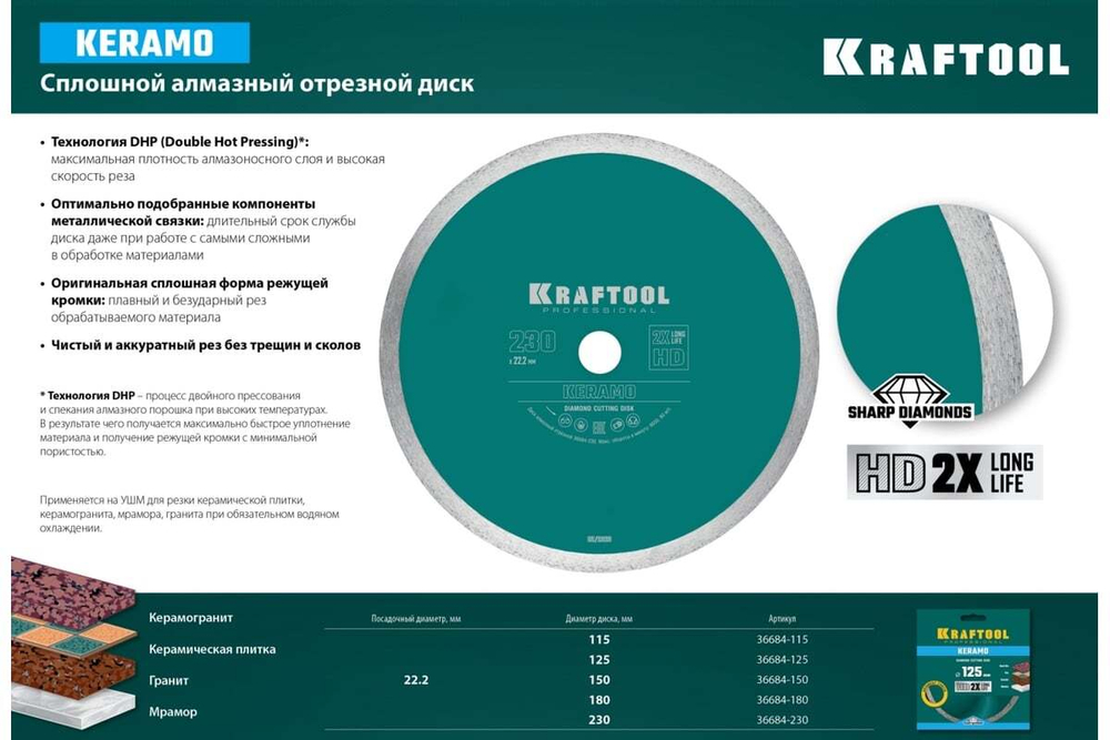 KRAFTOOL  KERAMO 125 мм (22.2 мм, 10х2.4 мм), Алмазный диск (36684-125)