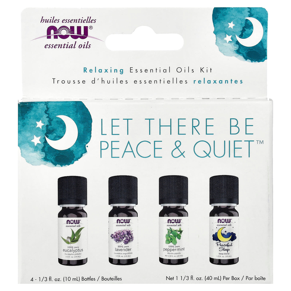 NOW Foods, Let Там Be Peace & Quiet™, набор расслабляющих эфирных масел, 4 флакона по 10 мл (1/3 жидк. унции)