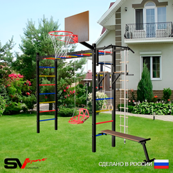 Уличная шведская стенка Sv Sport рукоход У542К (Турник/Брусья/Скамья/Со спинкой/Щит баскет/Канат/кольца/лестница)