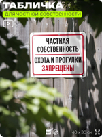 Табличка для частной территории "Частная собственность, охота и прогулки запрещены", на дом, для участка, организаций, предупреждающая, 40х30 см, Silver Plane x Айдентика Технолоджи