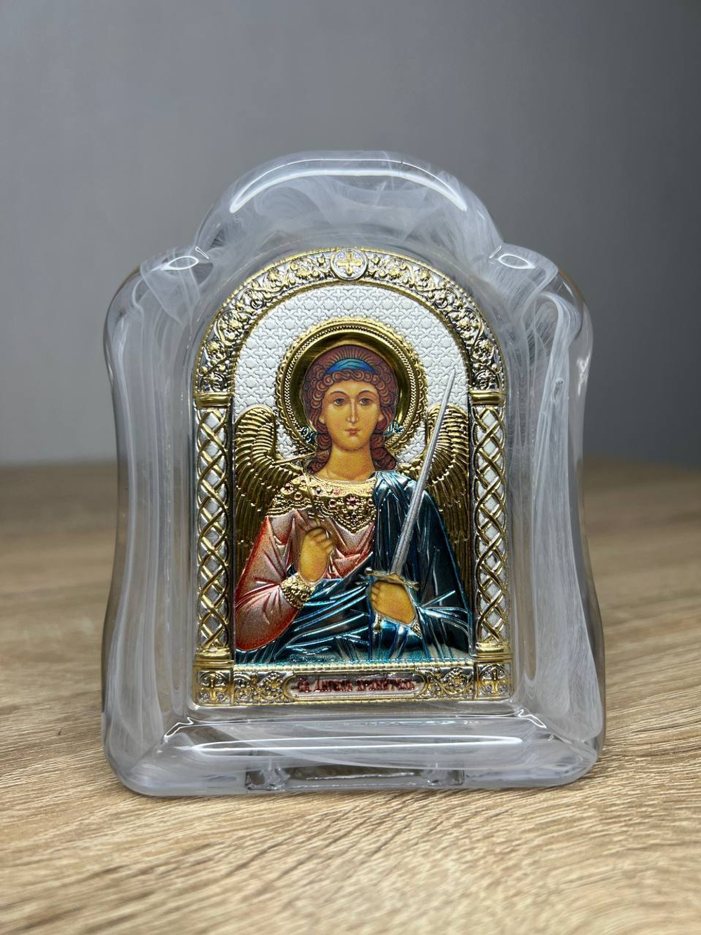 Ангел Хранитель, икона арочная, белое муранское стекло, эмаль 86х112