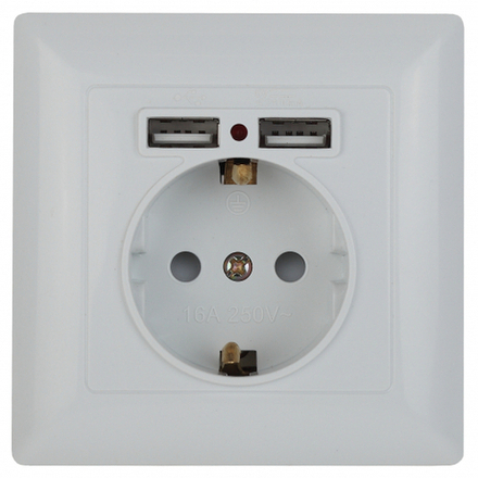 Розетка Intro Solo 4-410-01 с заземлением P+E Schuko со шторками, 16А-250В + 2хUSB, IP20, СУ, белый