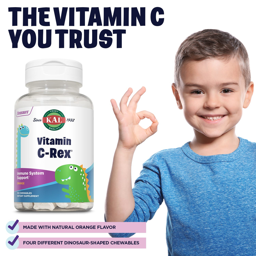 KAL, Dinosaurs®, Vitamin C-Rex®, витамин С, с апельсиновым вкусом, 100 мг, 100 жевательных таблеток