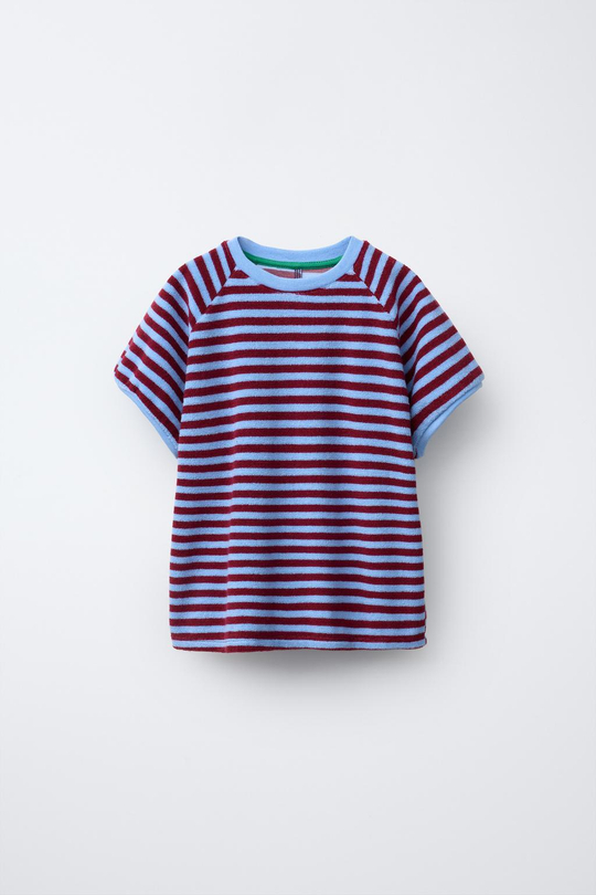 ZARA ФУТБОЛКА ИЗ МАХРОВОЙ ТКАНИ В ПОЛОСКУ, ГОЛУБОЙ