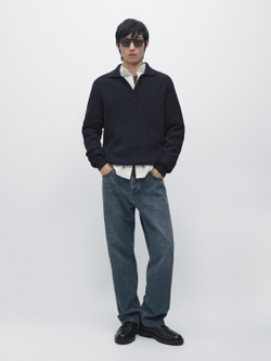 Massimo Dutti Свитер поло из хлопкового трикотажа, темно-синий