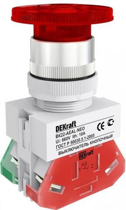 Выключатель кнопочный "Грибок" AEAL ВК-22 d22мм с фиксацией красн. DEKraft 25034DEK