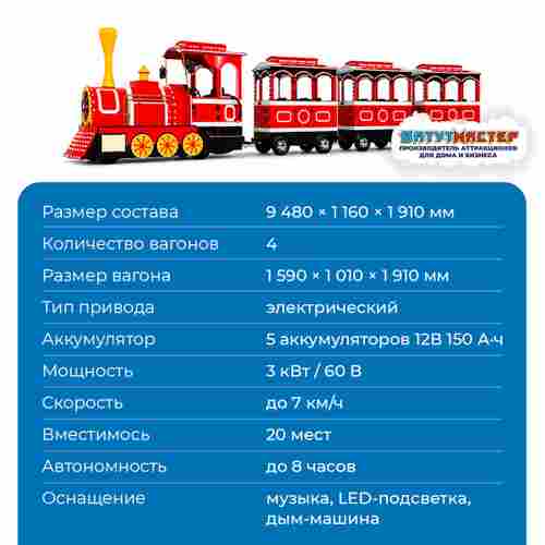 Аттракцион паровозик «Комета»,  4 вагона, 20 мест