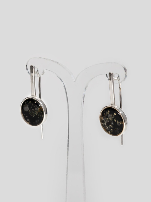 Серебряные серьги с цельным зеленым янтарем, серебро 925 пробы