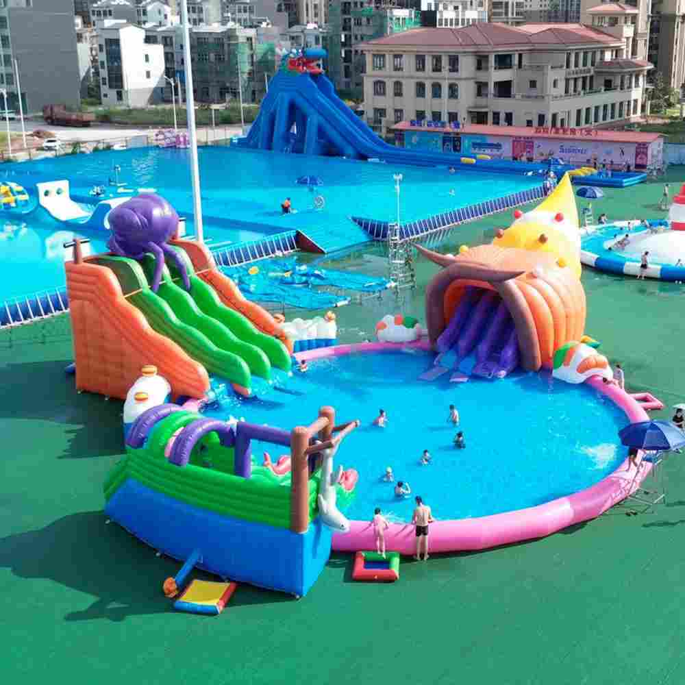 Надувной аквапарк с бассейном и горками «Морская ракушка», 25×25×9 м