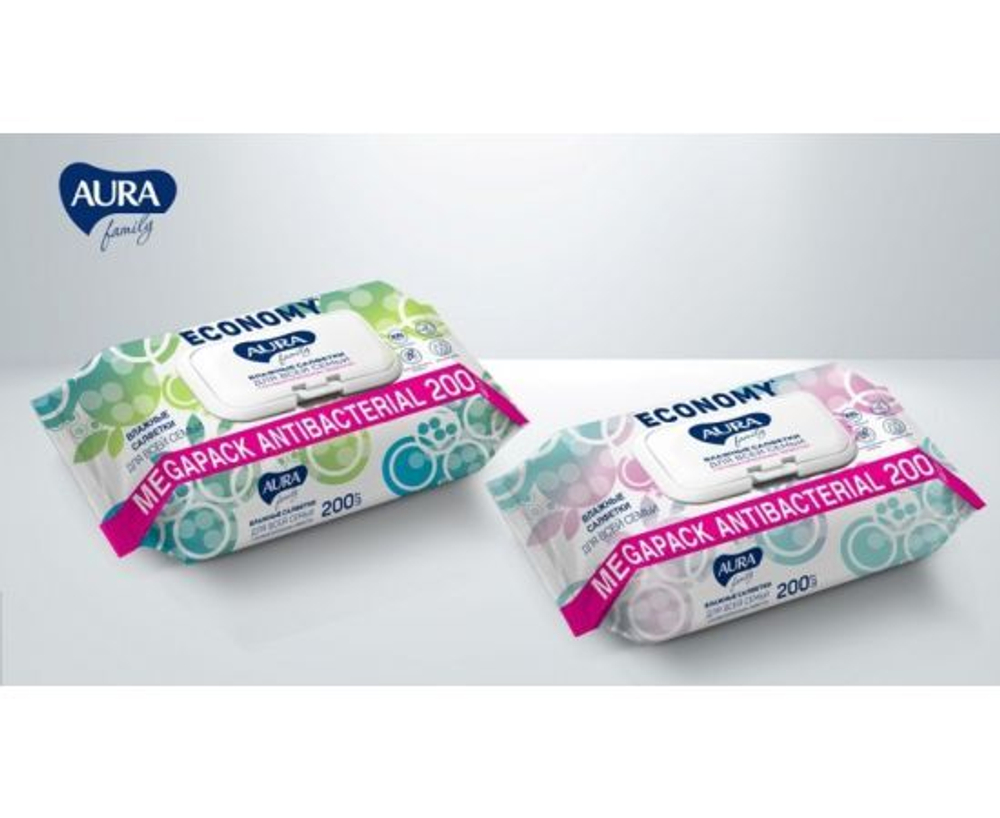 4 шт. Салфетки влажные Aura "Family", 200шт., для всей семьи, клапан