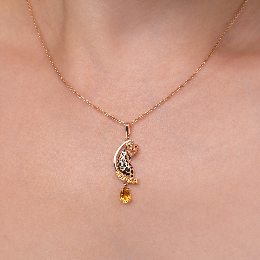 Подвеска «Леопард» из красного золота с цитринами и эмалью